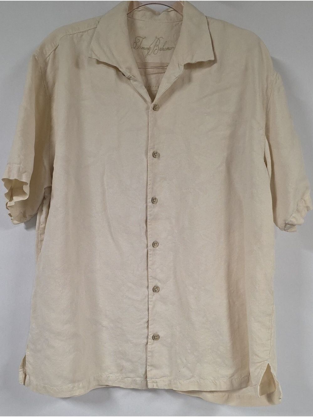 Vintage Tommy Bahama Men's Ivory Cream Short-Sleeve Button-Up Shirt, Size Large
